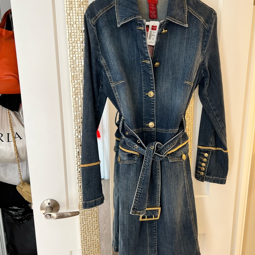 OLSEN EUROPE BLUE AND GOLD DENIM TRENCH COAT… SIZE 38… NEW WITH TAGS. - Picture 4 of 16